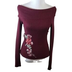 Cloud Chaser Burgundy Off Shoulder Ribbed Knit Sweater Floral Embroidery Size S